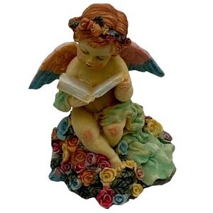 Cherub Angel Reading‎ Book Statue Figurine Sitting on Roses Home Decor